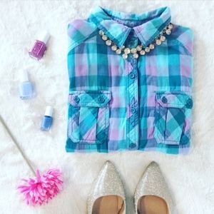 Turquoise & Lavender Gingham Button-Up Shirt